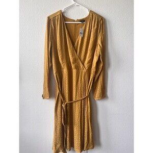 Ann Taylor Women's Mustard Leopard Print V-Neck Dress With Tie Size 14